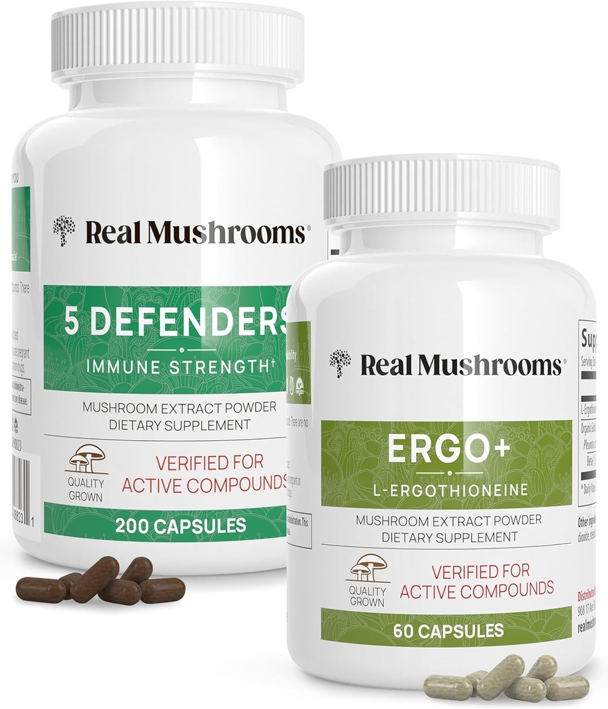 Real Mushrooms Ergothioneine (60ct) y 5 Defenders (200ct) Bundle - with Turkey Tail, Shiitake, Reishi, Chaga, Maitake, Oyster - Natural Longevity and Immune Strength - Vegan, Gluten Free, Non-GMO