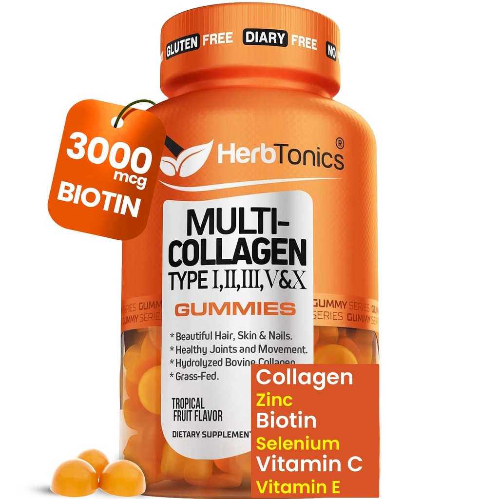 Herbtonics Multi Collagen Gummies with Biotin & Vitamin C, Hydrolyzed Collagen Peptides Tipos I, II, III, V, X for Hair, Skin, Nails, & Bone Support - Tropical Flavor, 60 Gummies