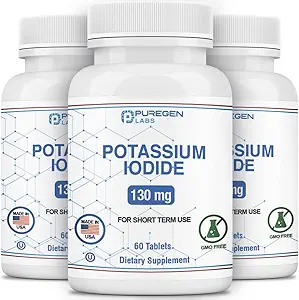 Potasio Iodide Tablets 130 mg EXP 07/2025, Kosher Iodine Tablets, Thyroid Support – 3 Pack tención 180 Tablets Total