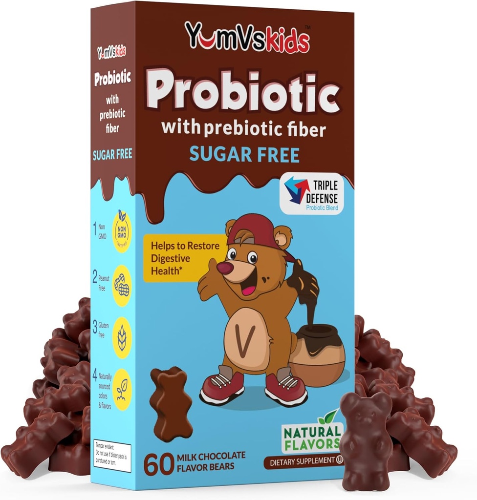 Probióticos para niños con azúcar de fibra prebiótica Suplementos Chewable de Chocolate gratis - Suplemento dietético Chewables para la salud digestiva - niños pequeños, niños y adolescentes 60 cuentan