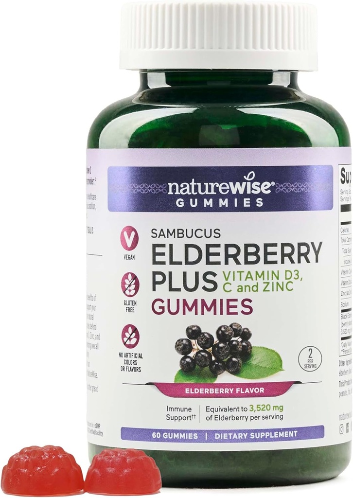 NatureWise Sambucus Elderberry Gummies - Immune Support Supplement for Kids Ages 4+ " Adults with Vitamin C, D3, Zinc - Elderberries Equivalente a 3520mg - Vegan, Non-GMO - 60 Cuenta[30-Day Supply]