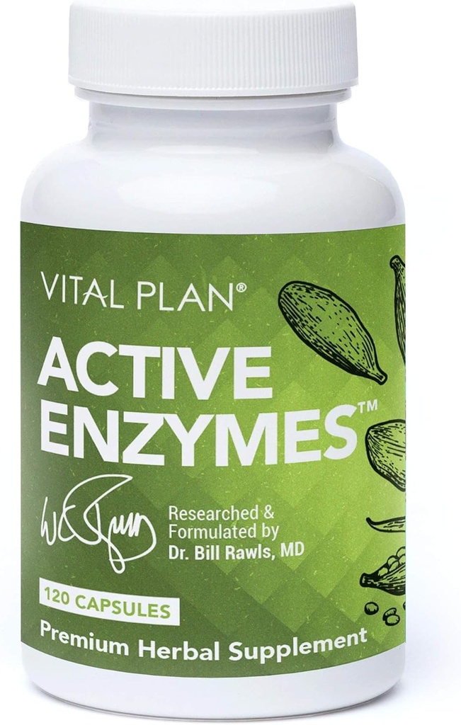 Plan Vital Active Enzymes Suplemento del Dr. Bill Rawls - Enzymes Digestivos para Gut Health " Digestion - Protease, Bromelain, Lactase, Amylase " Lipase (120 cápsulas)