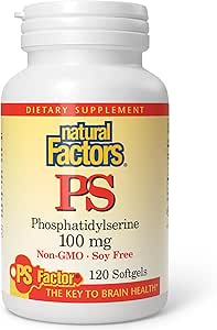 Factores naturales, fosfatidilserina, Soporte para Funciones de memoria, concentración y cerebro, Soy y Gluten Gratis, 120 Softgels