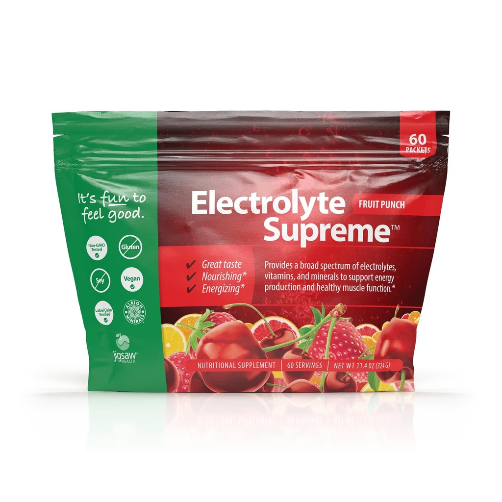 Jigsaw Health Electrolyte Supreme tención Broad Spectrum of Electrolytes + Trace Minerals ← Fruit Punch Flavor tención 60 Servings (Packets)