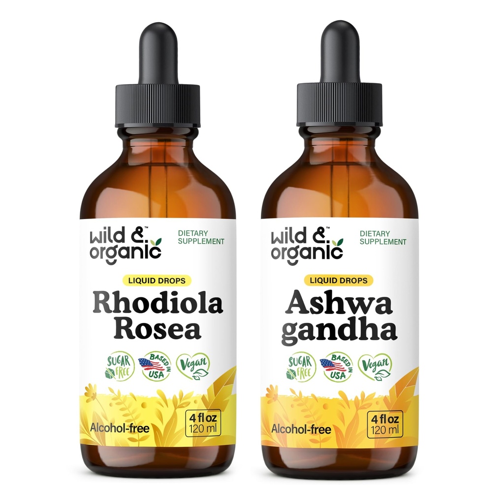 Wild &amp; Organic Rhodiola Rosea Tincture 4 fl oz &amp; Ashwagandha Tincture 4 fl oz