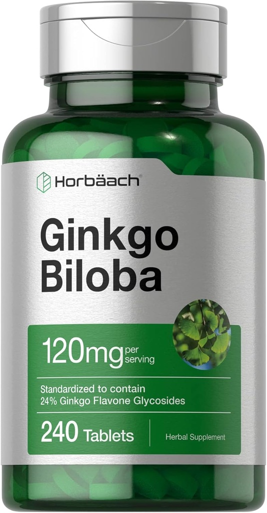 Horbäach Ginkgo Biloba Suplemento TEN 120mg TEN 240 Tablets TENIDO Resumen herbario estandarizado ANTE Flavone Glycosides ANTE Vegetarian, Non-GMO, y Gluten Free