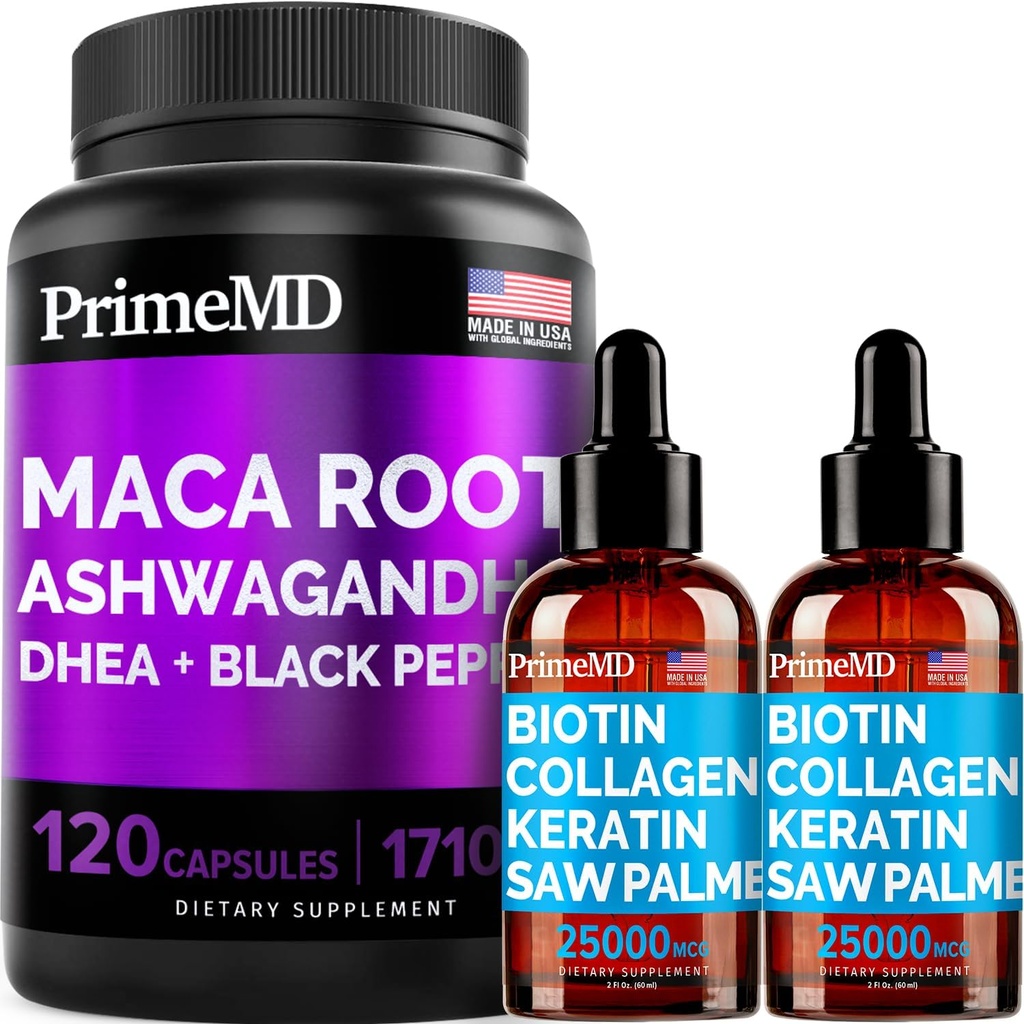 4-en-1 Liquid Biotin Collagen Keratin Saw Palmetto Drops (2 fl oz - 2 Pack) & 6-in-1 Maca Root Ashwagandha w Black Pepper Fruit (120ct) Bundle - Hair, Skin, Nails, Energy &amp; Mood Support Supplement