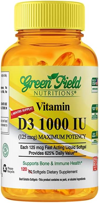 Greenfield Nutritions Halal Vitamin D3 Softgel - High Potency Vitamin D3 1000 IU (125 mcg), 120 Unflavored Mini Softgels - Halal Beef Gelatin D 3 Vitaminas, soporta Immune Bone Teath Brain and Hair