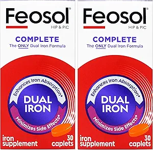 Feosol Bifera Hip &amp; PIC Iron Suplemento, completo - 30 caplets, paquete de 2