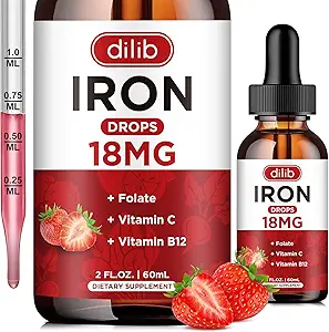 Suplemento de hierro líquido para mujeres &amp; hombres gotas de hierro Suplementos de hierro para la anemia con folato, vitamina C, B12 para la célula de sangre roja Apoyo-Strawberry, 2 Fl Oz
