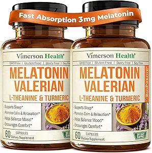 Melatonin Sleep Aid con L Theanine " Valerian Root – Suplemento Turmeric – Curcumina Turmérica con Ginger " Black Pepper – L-Theanine " Melatonin 3mg para el sueño, la calma y el alivio de estrés – 2 Pack