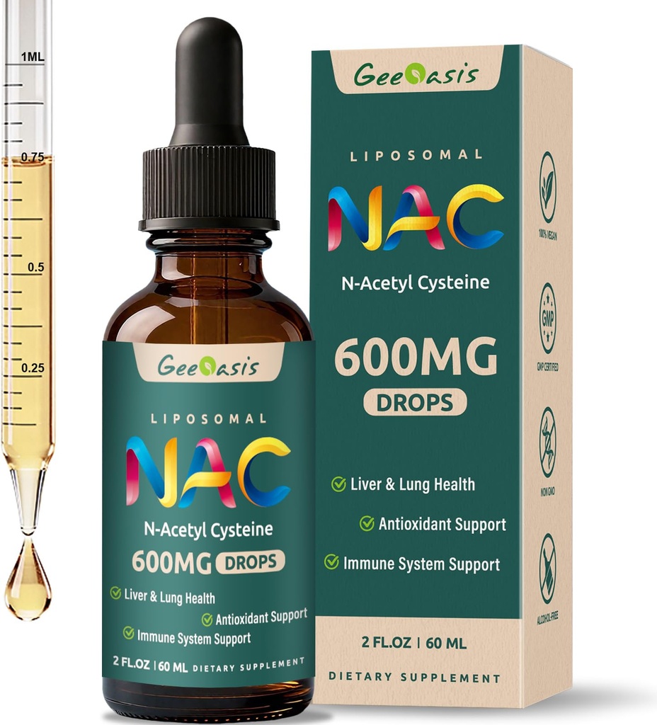 Liposomal Líquido NAC Suplemento N-Acetil Cysteine Drops, N Acetyl Cysteine 600 mg con Quercetin & Zinc for Adults &amp; Kids, Liver & Lung Support, Antioxidant, Immune & Skin Health, 2 Fl Oz