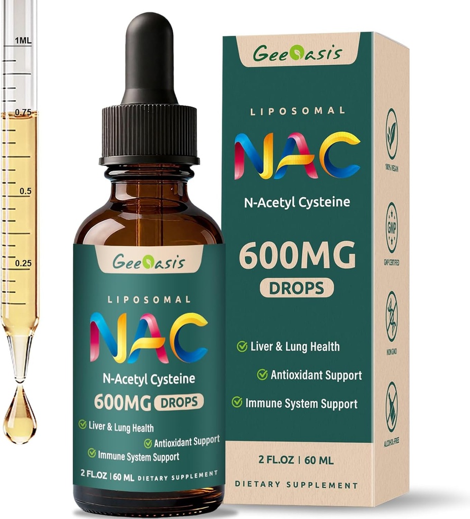 Liposomal Líquido NAC Suplemento N-Acetil Cysteine Drops, N Acetyl Cysteine 600 mg con Quercetin & Zinc for Adults &amp; Kids, Liver & Lung Support, Antioxidant, Immune & Skin Health, 2 Fl Oz