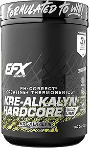 EFX Sports Kre-Alkalyn Hardcore  Thermogenic pH Correct Creatine Monohydrate Pill Supplement TEN Energy &amp; Strength Pre Workout ← 126 Servings, 380 Capsules