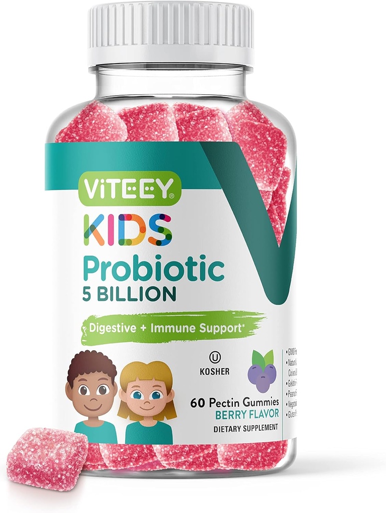 Viteey Probiotic Gummies for Kids - 5 Billion CFUs - Probioticos Kids Constipation Relief, Natural Immune & Digestive Health Support - Vegetarian, Gelatin Free, GMO Free - Tasty Berry Flavored Gummy