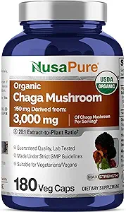 NusaPure Chaga Mushroom 20:1 Extracto, 150 mg Equivalente a 3.000 mg por cápsula vegetariana, 180 Conde, USDA Orgánico, Vegano, No GMO