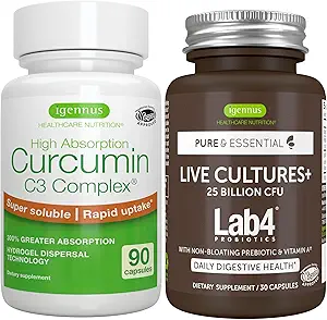 Culturas en vivo+ Lab4 Probióticos + Alta Absorción Curcumina C3 Complejo Vegan Bundle, 25 Billones CFU Probiótico, Prebiótico no hinchable + 300% Curcuminoides de Absorción Mayor con Rápida, por Igennus