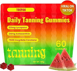 60 Pcs Natural Tanning Gummies, Astaxanthin 24mg Lycopene 50mg Plus Beta Carotene 7500 mcg, Best Astaxanthin Supplements for Skin Health &amp; Glow, Non-GMO, Sour Watermelon Flavor