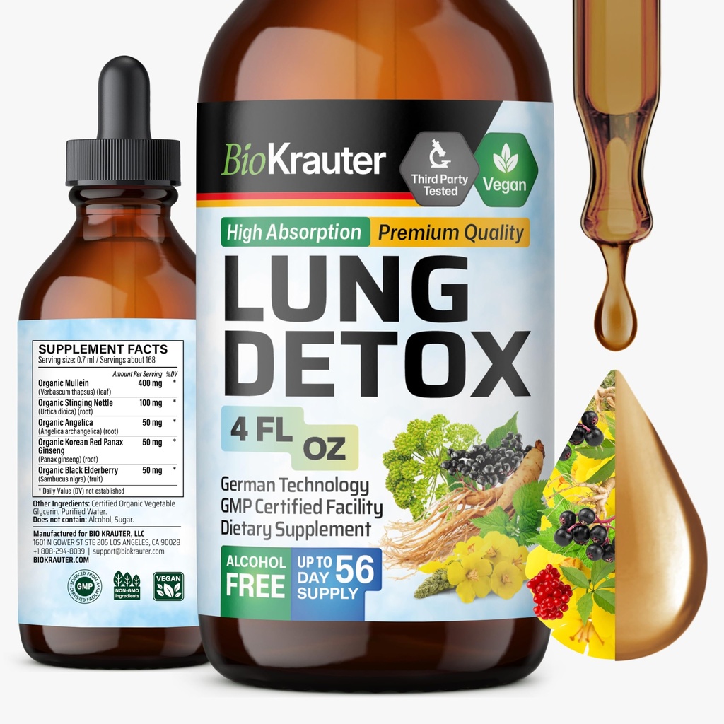 BIO KRAUTER Lung Detox Drops - Pure Vegan Lung Cleanse Liquid Form 4 Fl.Oz 56 Días de suministro - Blend Mullein, Elderberry, Stinging Nettle, Ginseng & Angelica Extracts - Respiratory Support