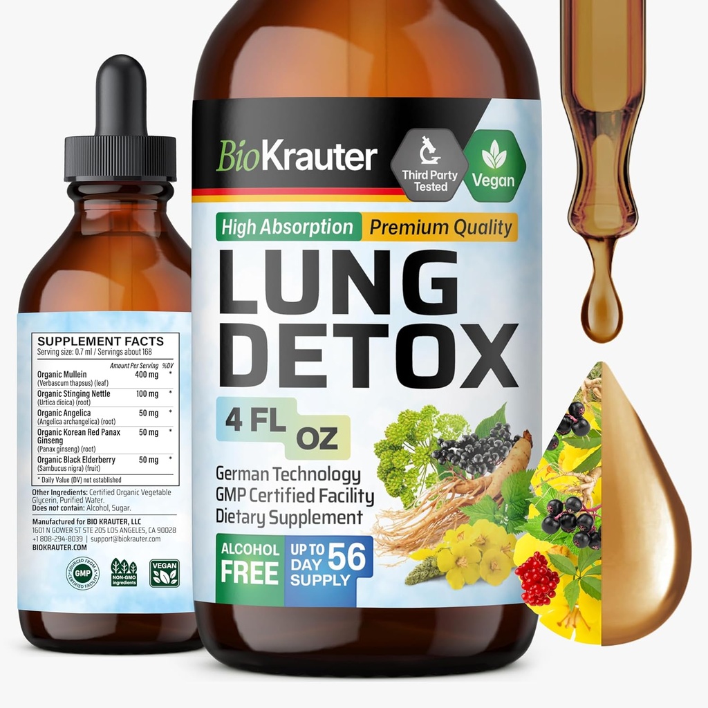 BIO KRAUTER Lung Detox Drops - Pure Vegan Lung Cleanse Liquid Form 4 Fl.Oz 56 Días de suministro - Blend Mullein, Elderberry, Stinging Nettle, Ginseng & Angelica Extracts - Respiratory Support