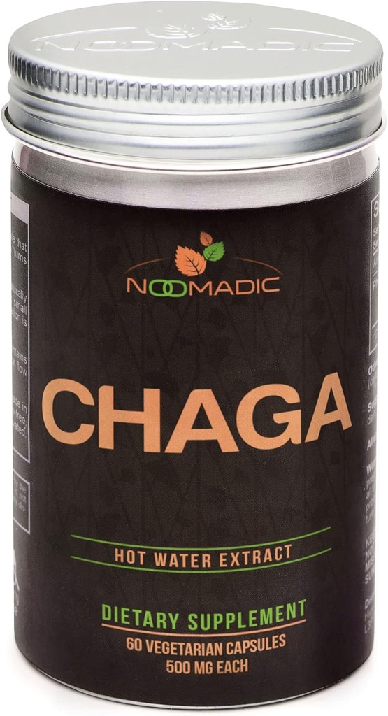 Noomadic Chaga Mushroom, 60 Capsules, 500mg Each, Antioxidant & Immune Support, Hot Water Extract, Fruiting Bodies, 30% Beta-D-Glucans