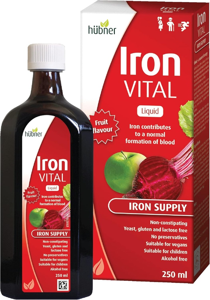 Hübner Iron Vital Liquid Iron Supply Plus Vitamina C, Suplemento dietético para adultos y niños, Vegan y Sin gluten, Sabor de frutas, 250 ml Botella, 25 Servimientos