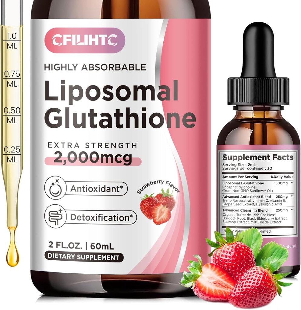 Liposomal Glutathione Liquid Drops, Glutathione Liquid Supplement, Active Form L- Glutathione, with Vitamin C, Liver Detox, Antioxidant for Anti-Aging, Immune &amp; Cleansing, Strawberry Flavor, 2 FL.OZ