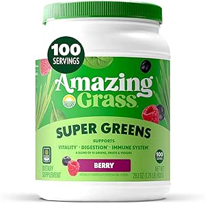 Amazing Grass Greens Blend Superfood: Super Greens Powder with Spirulina, Chlorella, Beet Root Powder, Digestive Enzymes, Prebiotics & Probiotics, Berry, 100 Servings (Packaging May Vary)