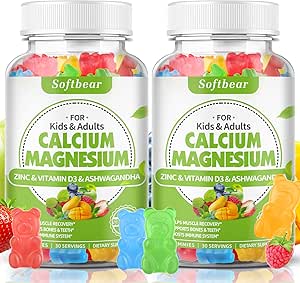 softbear Calcio Magnesio Zinc Gummies para Mujeres, Calcio Magnesio Suplemento con Vitamina D3 para la Fuerza de Hueso, Vegan, Sin Azúcar, Fruta Mixta Sabor 60 Con