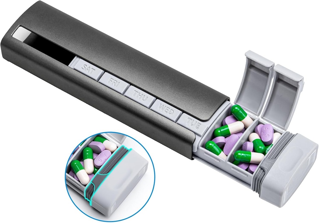 Daviky Metal Travel Pill Organizer, Premium Aluminum Pill Box 7 Day, Weekly Daily Pill Case, Stylish Pulsera Cute para medicamentos, suplementos y vitaminas (Gray)
