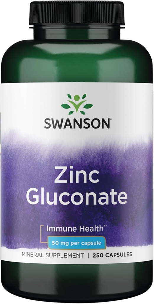 Swanson Zinc Gluconate - Suplemento Mineral Promoción de la Salud Prostática, Visión Salud, &amp; Apoyo Inmunitario - Formulario de Gluconato para la Absorción Optimal - (250 cápsulas, 50 mg cada uno)