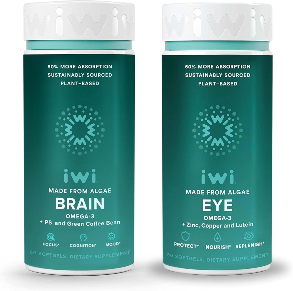 Iwi Life Brain & Eye Omega-3 Bundle, 30 Servings, Vegan Plant-Based Algae Omega 3 con EPA + DHA, Krill " Fish Oil Alternative, No Fishy Aftertaste