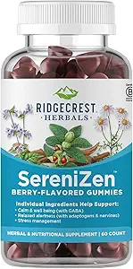 RidgeCrest Herbals SereniZen Gummies with Ashwagandha, GABA, L-Theanine, Chamomile & Lemon Balm, Supports Relaxation & Calm, Stress Management, Sleep. Daily Health Supplement, 60 Ct, 1-2 Month Supply