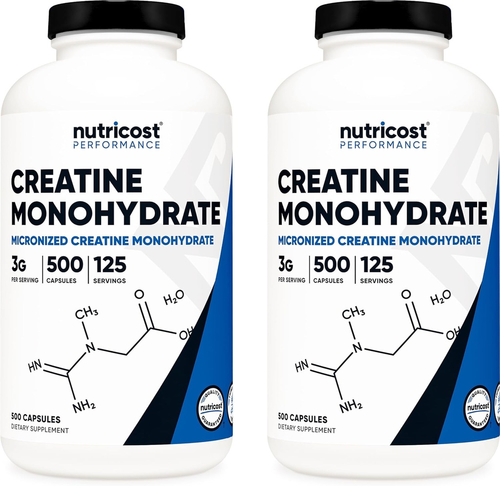 Nutricost Creatine Monohydrate 3000mg Servir, (750mg por cápsula), 500 cápsulas (2 botellas)