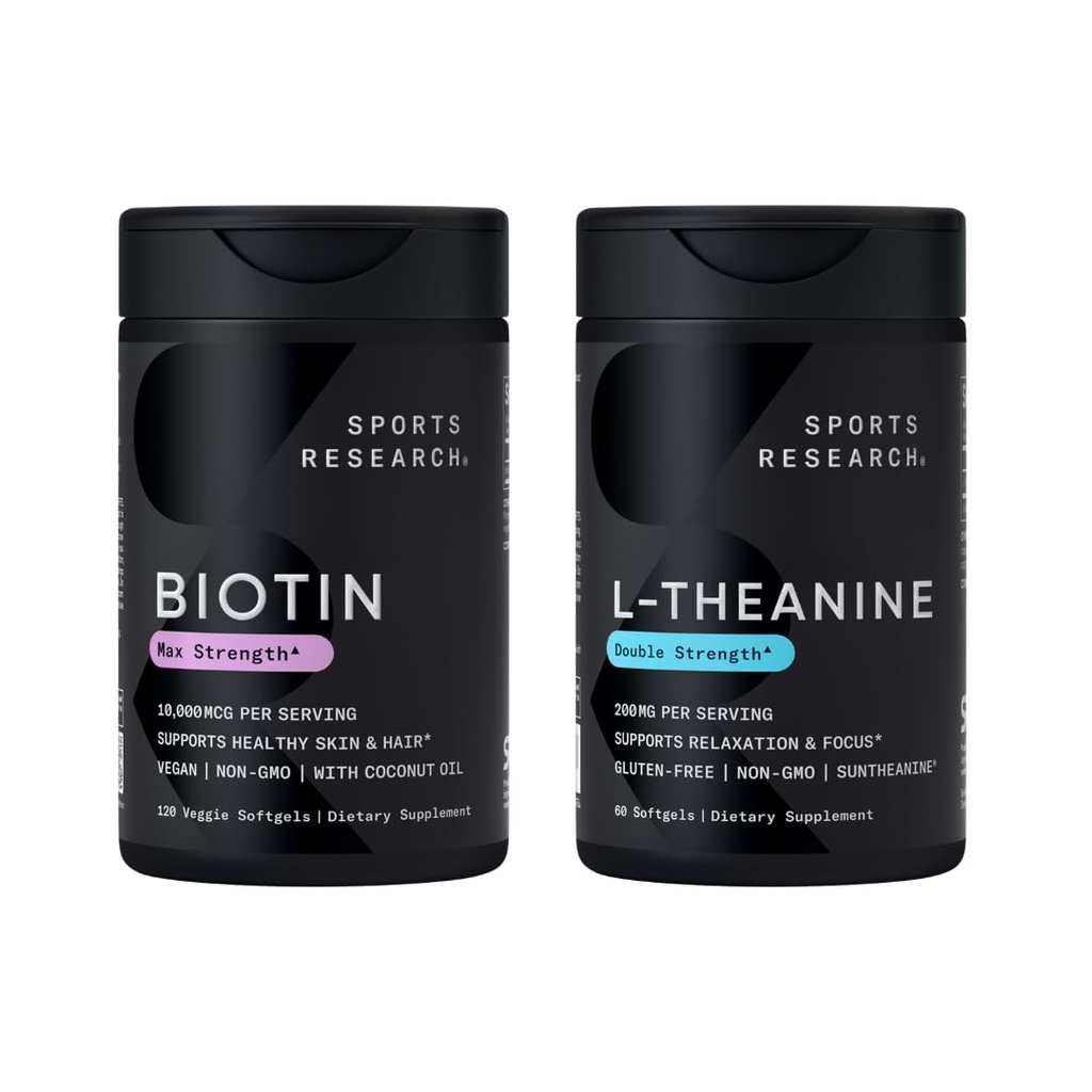 Investigación Deportiva Vegan Biotina 10.000mcg con aceite de coco Max Strength Vitamin B7 120 Softgels (4 mes de suministro) y doble fuerza L-Theanine Suplemento para Focus, Relax &amp; Alertness 200mg 60 Con