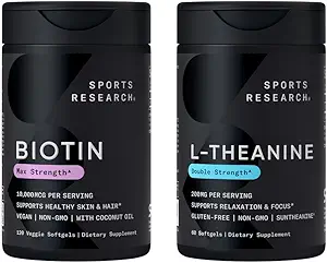 Investigación Deportiva Vegan Biotina 10.000mcg con aceite de coco Max Strength Vitamin B7 120 Softgels (4 mes de suministro) y doble fuerza L-Theanine Suplemento para Focus, Relax &amp; Alertness 200mg 60 Con