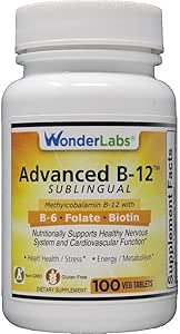 Wonder Laboratories Sublingual Vitamina B12 (1000 mcg), B6 (5mg), Folic Acid(400 mcg) & Biotin (25mcg) - Formulado con Metilcobalamina Vitamina B-12 (100 Tablets)