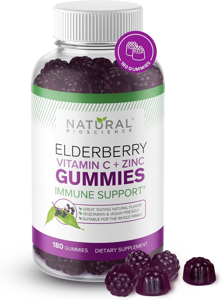 Natural BioScience Sambucus Elderberry Gummies with Vitamin C & Zinc, Immune Support for Adults &amp; Kids, Daily Antioxidant & Wellness Boost, 180 Vegan, Gluten-Free, Chewable Elderberry Gummies