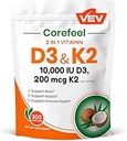 VEV Corefeel Vitamin D3 K2, 10.000 UI D3, 200mcg K2 (con MK7), soporta la salud de los huesos y los dientes, soporte de Nutrientes duales para el bienestar diario, fácil de absorber – 300 cápsulas