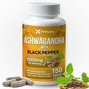 Cápsulas de Ashwagandha, 150 Cápsulas Vegan, 10,100 Mg por Cápsula – 100% Natural Aswagandha Extracto de Polvos Extractos y Extracto de Pepper Negro, No GMO, Libre de gluten