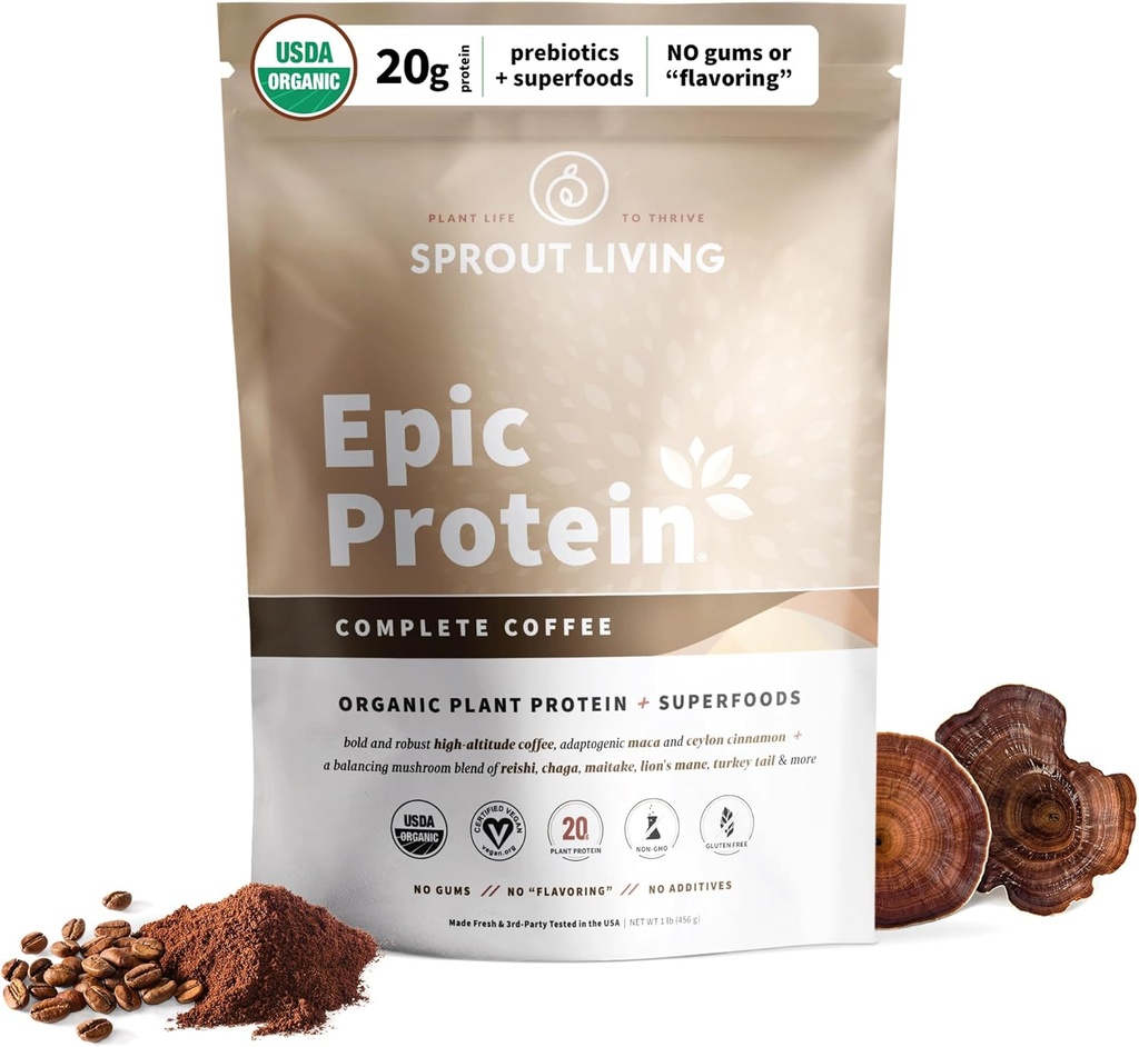 Sprout Living, Epic Protein, Plant Based Protein & Superfoods Powder, Full Coffee TEN 20 Grams Organic Protein Powder, Adaptogens, Mushrooms, Vegan, Non-GMO, Gluten Free (1 Libra, 12 Servings)