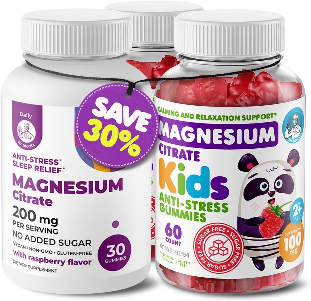 DR. MORITZ Magnesium Bundle - Gummies for Adults (200mg, 30 Conde) and Kids Magnesium Gummies (60 Conde, 2 Pack) - Sin azúcar