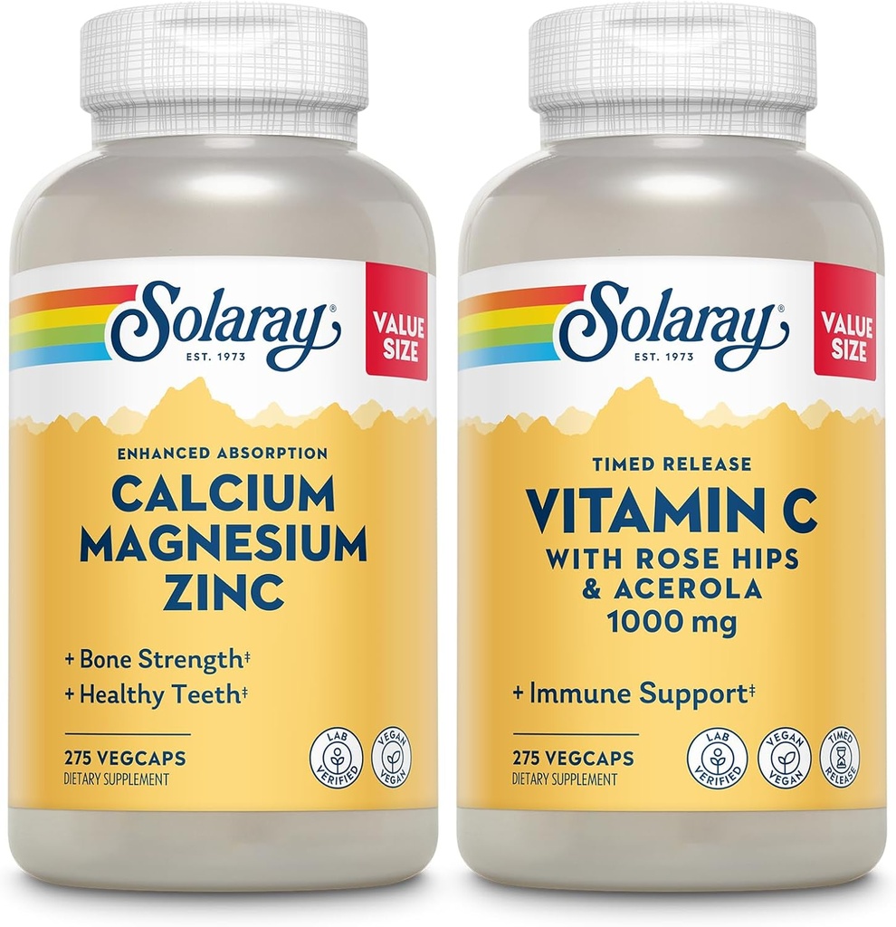 SOLARAY Calcium Magnesium Zinc and Timed Release Vitamin C - Bone Health, Immune Support Bundle, 1000mg Calcium, 500mg Magnesium, 1000mg Vitamin C Supplement, Vegan, 60-Day Guarantee, 275 VegCaps Cada