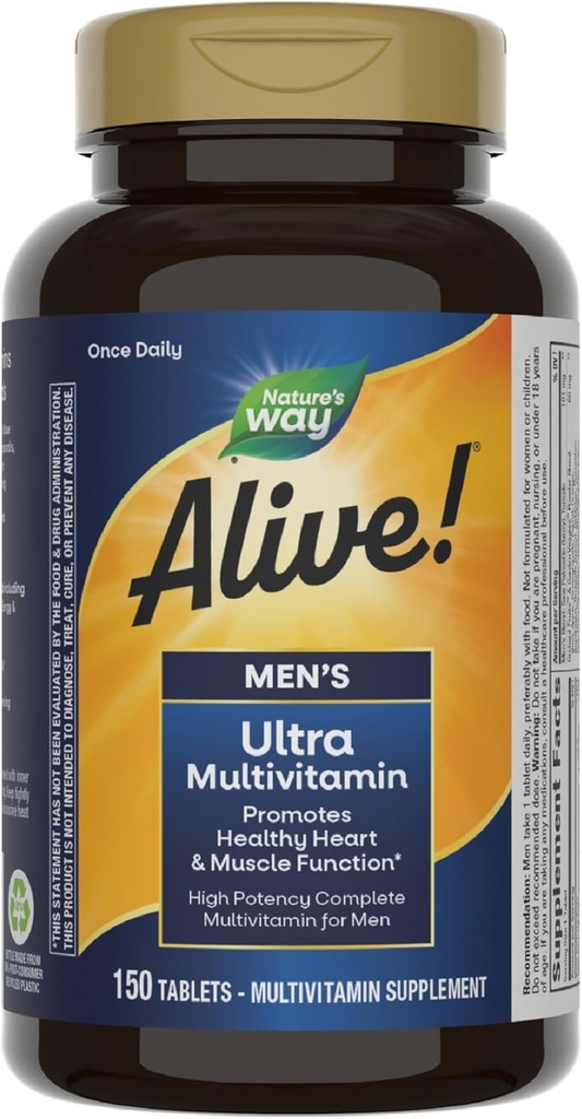 ¡La naturaleza está viva! La fórmula de alta potencia de los hombres ultra multivitamina diaria, promueve la función del corazón y el músculo*, con vitamina metilada B12, sin gluten, 150 tabletas
