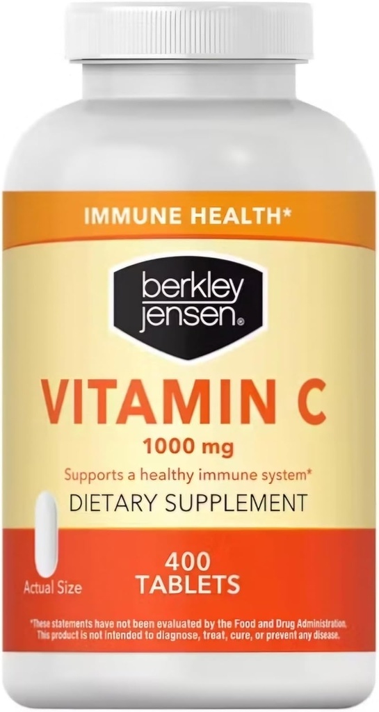 berkley jensen 1000 mg Suplemento de vitamina C (400 Tablets), Extra Strength Daily Immune Defense Support for Men and Women, Sugar and Gluten Free Ascorbic Acid, Pure