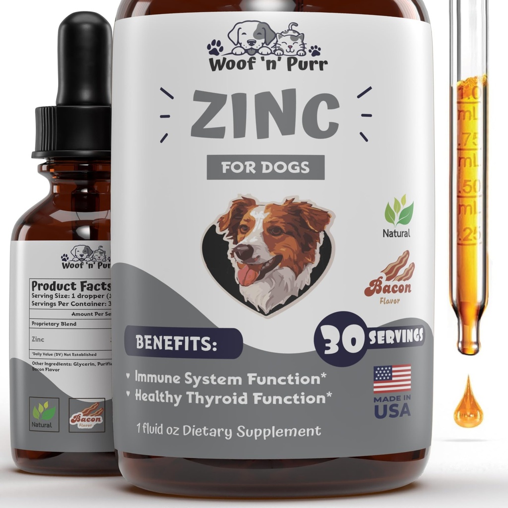 Zinc for Dogs - Dog Zinc Supplement - Helps to Support Healthy Skin, Coat, Immune Health &amp; More - Dog Zinc - Dog Skin and Coat Supplement - Skin and Coat Supplement for Dogs - 1 fl oz - Bacon Flavor