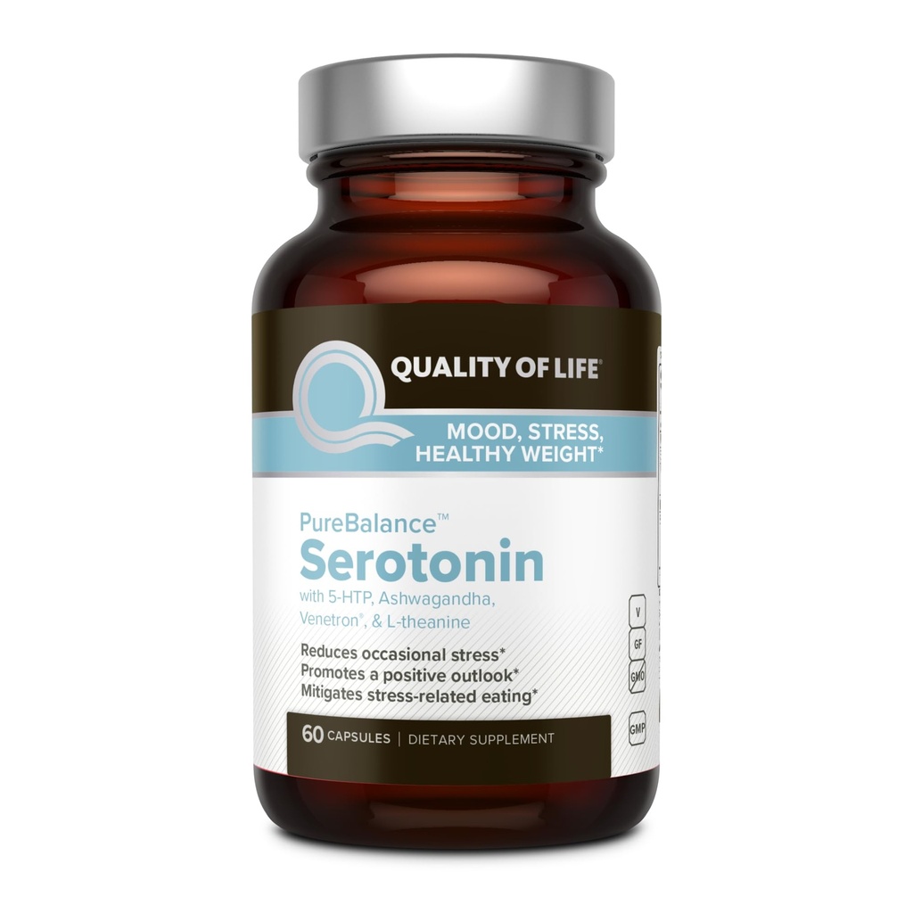 Calidad de Equilibrio Puro de Vida Serotonina Premium–Helps Boost Serotonin & Cortisol Levels - Incluye 5-HTP, Venetron, Sensoril, Vitamina D3 & L-Theanine–60 Capsules