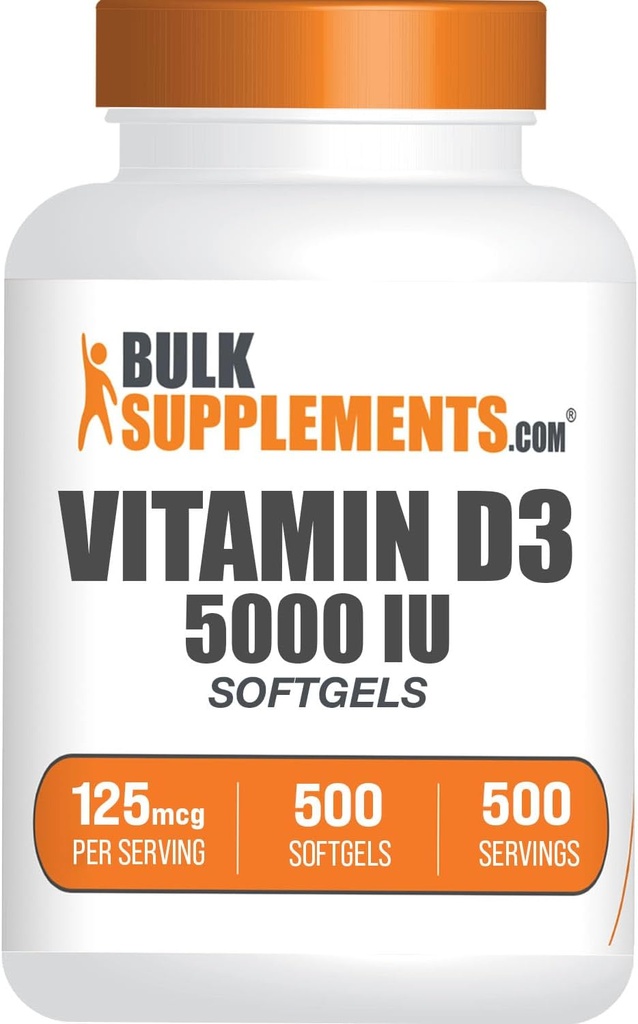 BulkSupplements.com Vitamina D3 5000IU Softgels - Cholecalciferol, D3 Suplemento, Vitamina D 5000 UI - 1 Vitamina D3 Softgel (125mg de vitamina D) por Serving, 500 Conde (Pack of 1)