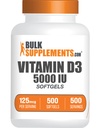 BulkSupplements.com Vitamina D3 5000IU Softgels - Cholecalciferol, D3 Suplemento, Vitamina D 5000 UI - 1 Vitamina D3 Softgel (125mg de vitamina D) por Serving, 500 Conde (Pack of 1)