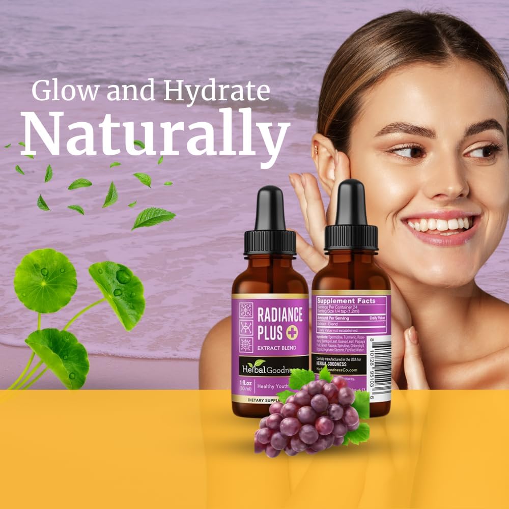 Herbal Goodness Radiance Boost Liquid Collagen 1oz – Vital Proteínas Collagen Peptides, Liposomal Glutathione, Pelo Skin Nails Vitaminas para Hombres Mujeres – Glow-Enhancing Collagen Liquid Formula